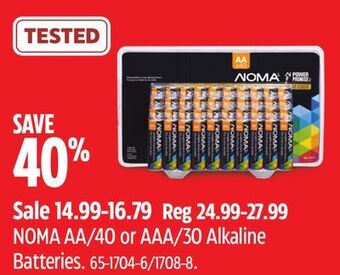 Canadian Tire Noma aa/40 or aaa/30 alkaline batteries offer