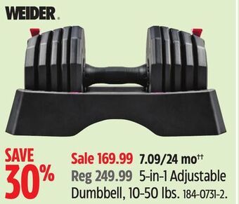 Canadian Tire Weider 5-in-1 adjustable dumbbell, 10-50lbs offer