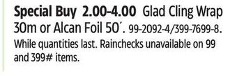 Canadian Tire Glad cling wrap 30m or alcan foil 50 offer