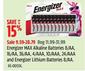 Canadian Tire Energizer max alkaline batteries 8/aa, 16/aa, 36/aa, 4/aaa, 10/aaa, 24/aaa and energizer lithium batteries 8/aa offer