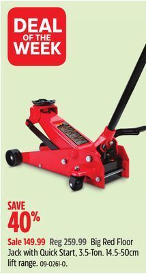 Canadian Tire Big red floor jack with quick start, 3.5-ton 14.5-50cm lift range offer
