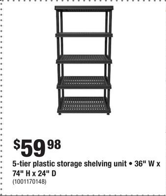 Home Depot 5-tier plastic storage shelving unit • 36 w x 74 h x 24 d offer
