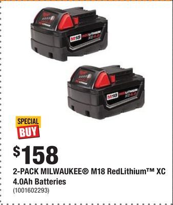 Home Depot 2-pack milwaukee® m18 redlithium™ xc 4.0ah batteries offer