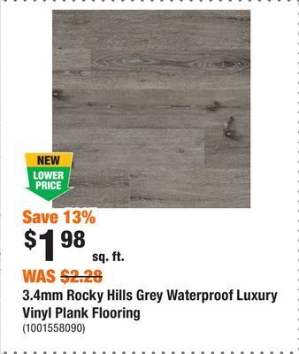 Home Depot 3.4mm rocky hills grey waterproof luxury vinyl plank flooring offer