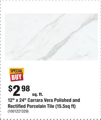 Home Depot 12 x 24 carrara vera polished and rectified porcelain tile (15.5sq ft) offer