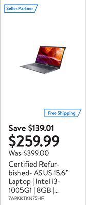 Walmart Certified refurbished- asus 15.6 laptop | intel i3-1005g1 | 8gb | 256gb | windows 10 offer