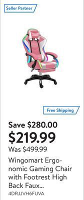 Walmart Wingomart ergonomic gaming chair with footrest high back faux leather gaming chair with rgb led light and adjustable armrest offer