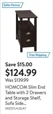 Walmart Homcom slim end table with 2 drawers and storage shelf, sofa side table for living room, narrow nightstand for small spaces, offer