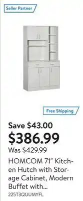 Walmart Homcom 71 kitchen hutch with storage cabinet, modern buffet with hutch, cupboard with drawers, ash white offer