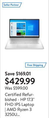 Walmart Certified refurbished - hp 17.3 fhd ips laptop | amd ryzen 3 3250u | 8gb | 512gb | win 11 home | french canadian keyboard offer