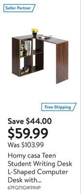 Walmart Homy casa teen student writing desk l-shaped computer desk with bookshelf for small space, walnut offer