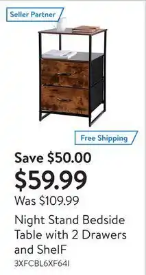 Walmart Night stand bedside table with 2 drawers and shelf offer