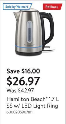 Walmart Hamilton beach® 1.7 l ss w/ led light ring offer