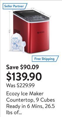 Walmart Ecozy ice maker countertop, 9 cubes ready in 6 mins, 26.5 lbs of ice in 24 hours,noise reduction, red offer