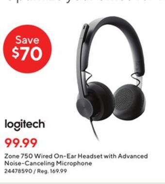 Staples Logitech zone 750 wired on-ear headset with advanced noise-canceling microphone offer