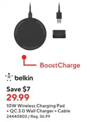 Staples Belkin boost charge 10w wireless charging pad charger plus cable offer