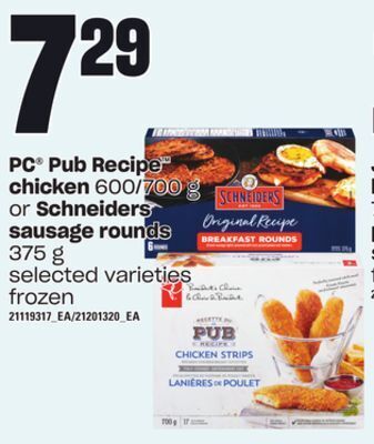 Zehrs Markets Pc® pub recipe chicken, 600/700 g schneiders sausage rounds, 375 g offer