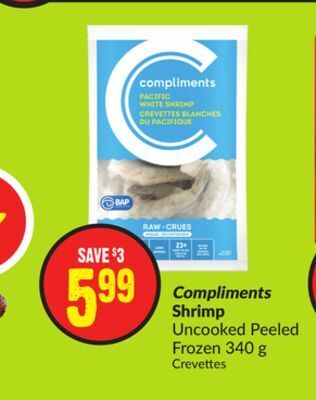 FreshCo Compliments shrimp uncooked peeled frozen 340 g offer