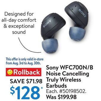 Walmart Sony wfc700n/b noise cancelling truly wireless earbuds offer