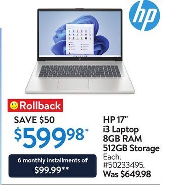 Walmart Hp 17 i3 laptop 8gb ram 512gb storage offer