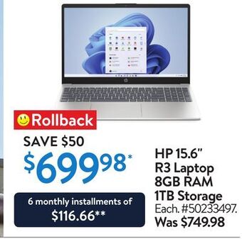 Walmart Hp 15.6 r3 laptop 8gb ram 1tb storage offer