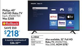 Walmart Philips 40 full hd roku tv offer