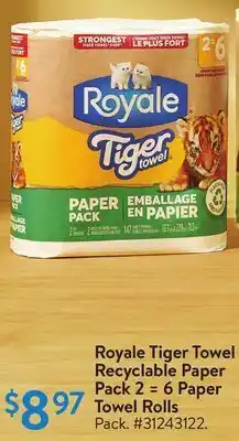 Walmart Royale tiger towel recyclable paper pack 2 = 6 paper towel rolls offer