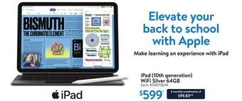 Walmart Ipad (10th generation) wifi silver 64gb offer