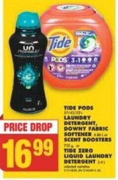 No Frills TIDE PODS, LAUNDRY DETERGENT DOWNY FABRIC SOFTENER or SCENT BOOSTERS or TIDE ZERO LIQUID LAUNDRY DETERGENT offer