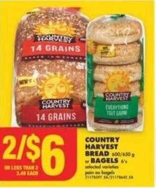 No Frills COUNTRY HARVEST BREAD or BAGELS offer