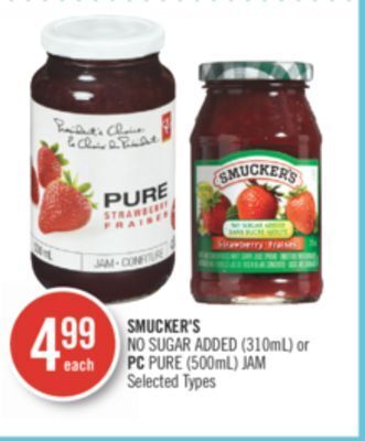 Shoppers Drug Mart Smucker's no sugar added (310ml) or pc pure (500ml) jam offer