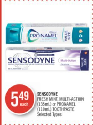 Shoppers Drug Mart Sensodyne fresh mint, multi-action (135ml) or pronamel (110ml) toothpaste offer