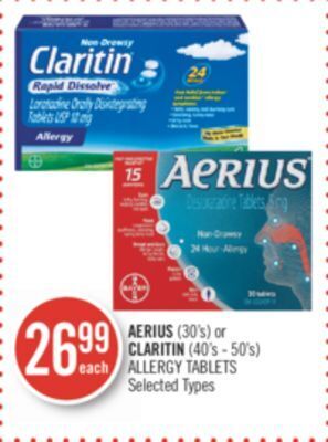 Shoppers Drug Mart Aerius (30's) or claritin (40's - 50's) allergy tablets offer