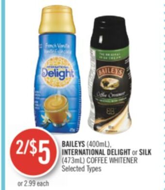 Shoppers Drug Mart Baileys (400ml), international delight or silk (473ml) coffee whitener offer