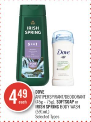 Shoppers Drug Mart Dove antiperspirant/deodorant (45g - 75g), softsoap or irish spring body wash (591ml) offer