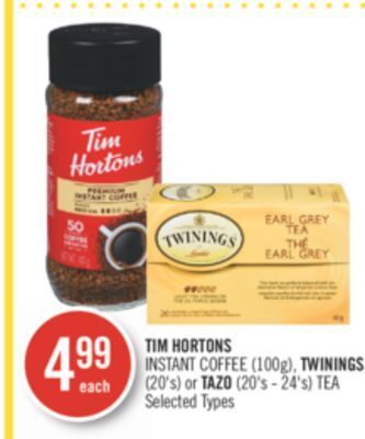 Shoppers Drug Mart Tim hortons instant coffee (100g), twinings (20's) or tazo (20's - 24's) tea offer
