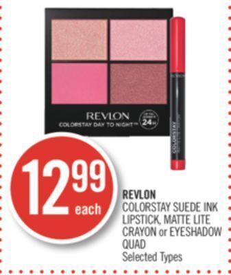 Shoppers Drug Mart Revlon colorstay suede ink lipstick, matte lite crayon or eyeshadow quad offer