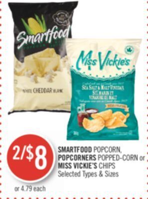 Shoppers Drug Mart Smartfood popcorn, popcorners popped-corn or miss vickie's chips offer