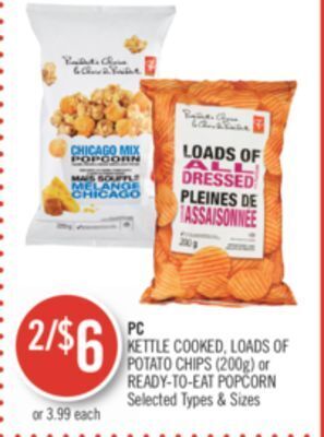 Shoppers Drug Mart Pc kettle cooked, loads of potato chips (200g) or ready-to-eat popcorn offer