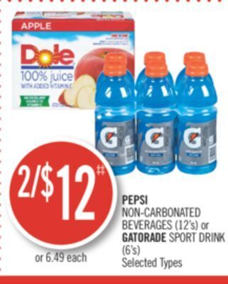 Shoppers Drug Mart Pepsi non-carbonated beverages (12's) or gatorade sport drink (6's) offer