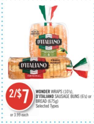 Shoppers Drug Mart Wonder wraps (10's), d'italiano sausage buns (6's) or bread (675g) offer