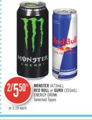 Shoppers Drug Mart Monster (473ml), red bull or guru (355ml) energy drink offer