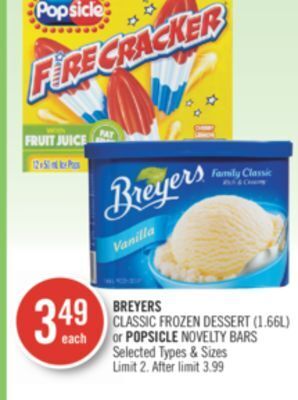 Shoppers Drug Mart Breyers classic frozen dessert (1.66l) or popsicle novelty bars offer