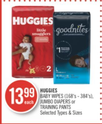 Shoppers Drug Mart Huggies baby wipes (168's-384's), jumbo diapers or training pants offer