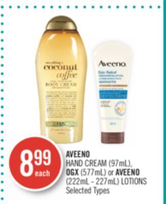 Shoppers Drug Mart Aveeno hand cream (97ml), ogx (577ml) or aveeno (222ml - 227ml) lotions offer