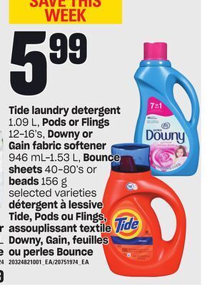 Independent City Market Tide laundry detergent, 1.09 l, pods or flings, 12-16's, downy or gain fabric softener, 946 ml-1.53 l, bounce sheets 40-80's offer