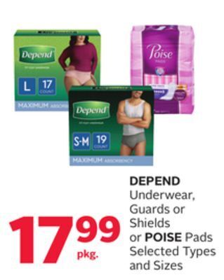 Rexall Depend underwear, guards or shields or poise pads offer