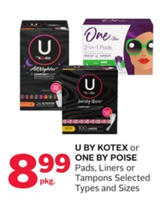 Rexall U by kotex or one by poise pads, liners or tampons offer