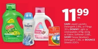Rexall Gain liquid laundry detergent 2.95l or flings 35' s, downy light or unstopables 419g-422g or fabric softener 2.68l, ivory sno offer