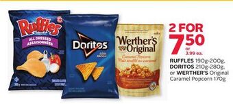 Rexall Ruffles 190g-200g, doritos 210g-280g, or werther's original caramel popcorn 170g offer